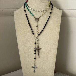 Two Vintage Rosary .Multi-Color Beaded Necklace with Cross Pendants.